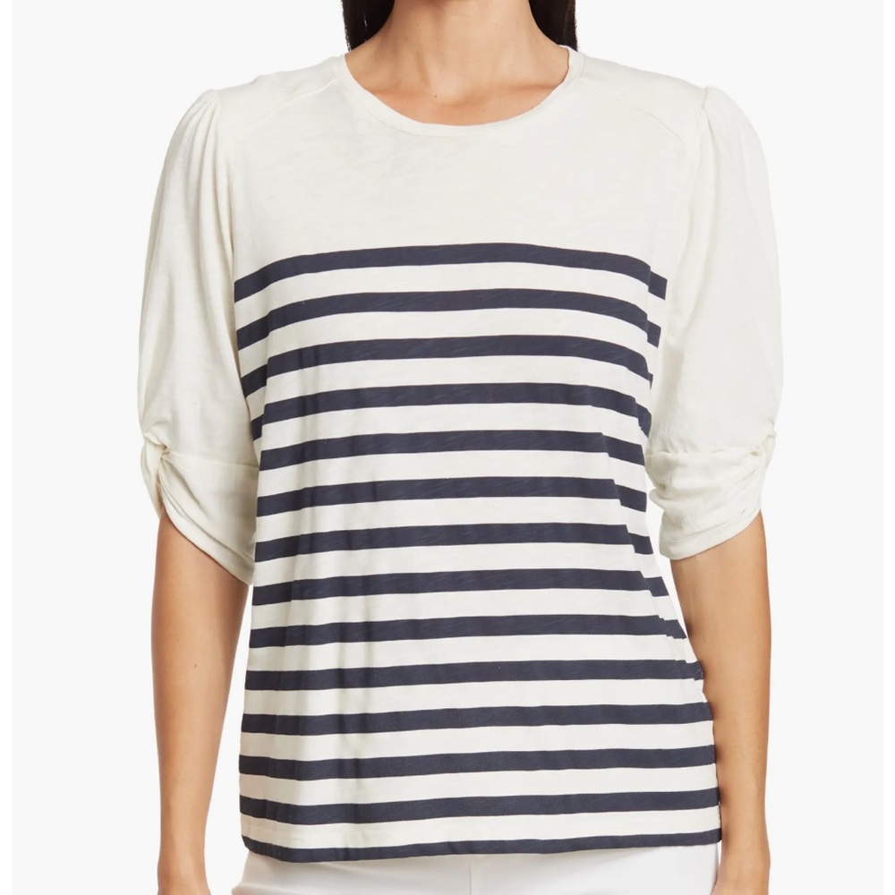 ba&sh Large Lady T-Shirt Puff Sleeve Cream Black Striped Top Blouse